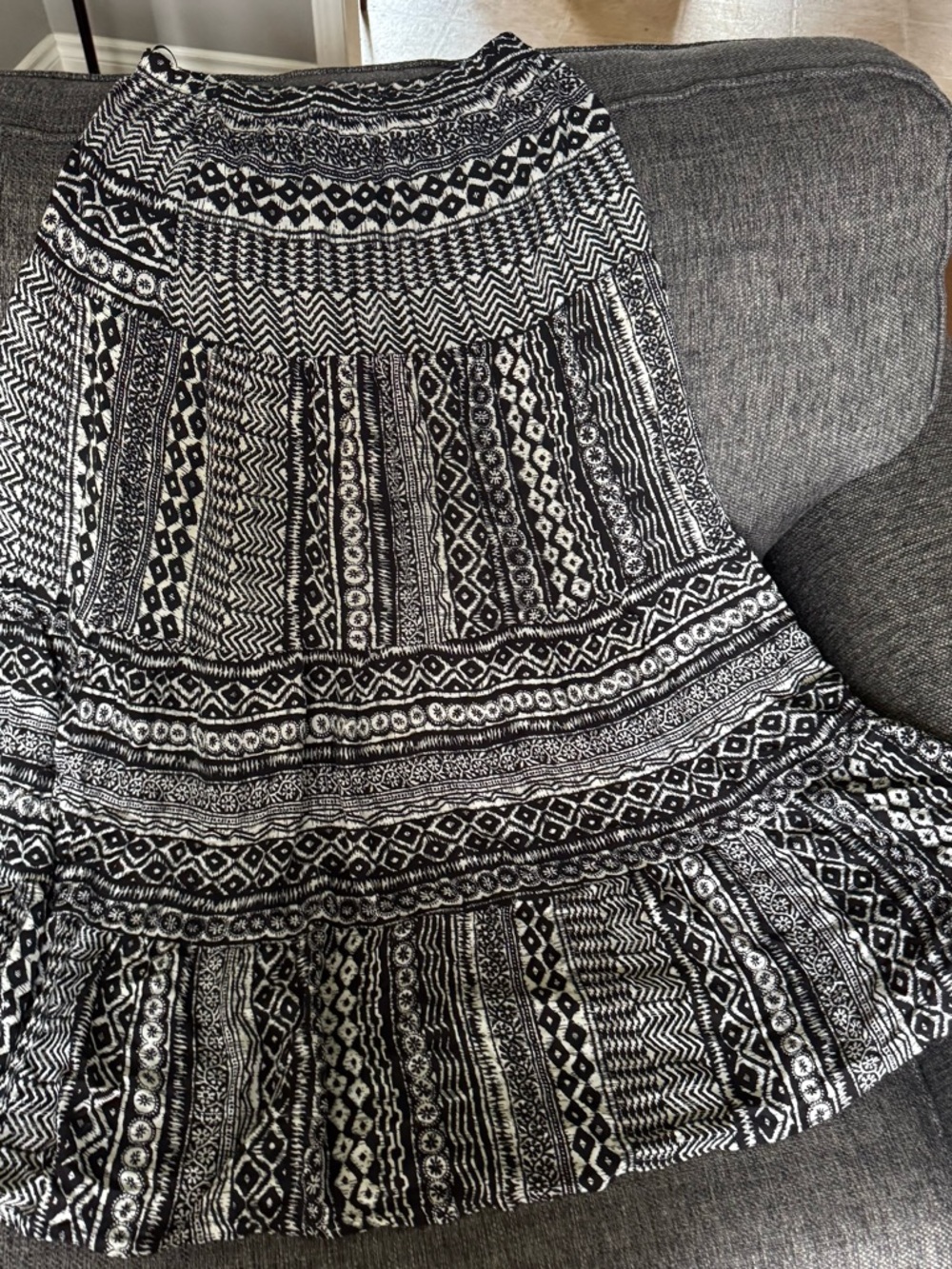 Black and White Patterned Tiered Maxi Skirt
